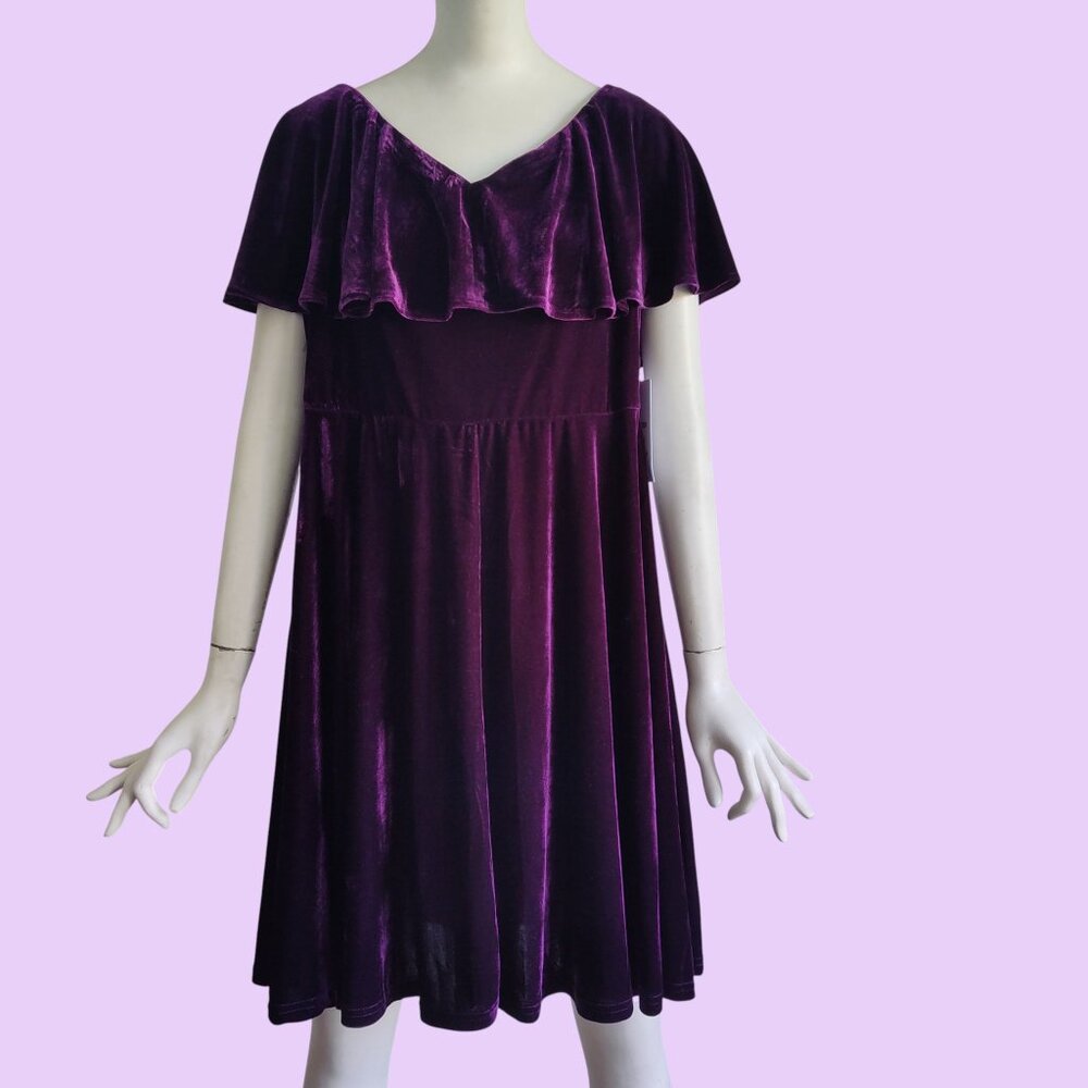 Unique Vintage Whimsy Goth Velvet V Neck Flutter Sleeve Overlay Bodice Dress 1X